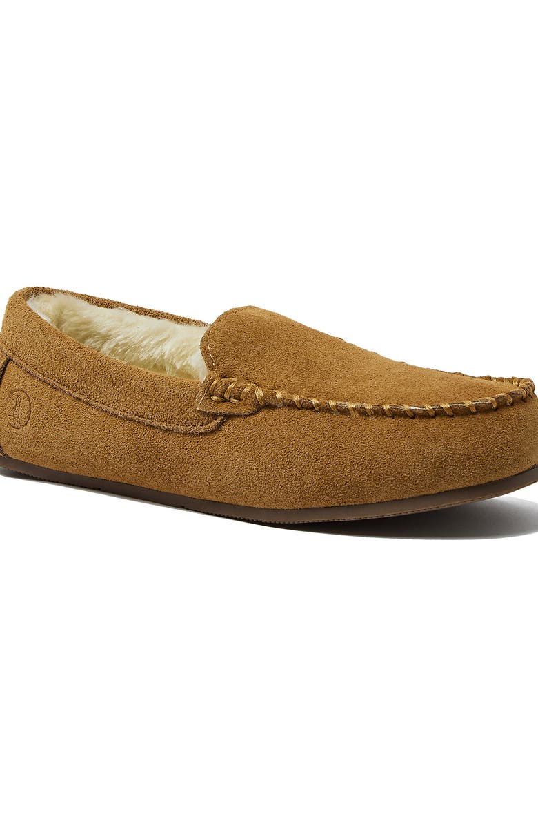 Lands' End Fuzzy Lined Suede Moccasin Slippers, Alternate, color, English Tan Suede