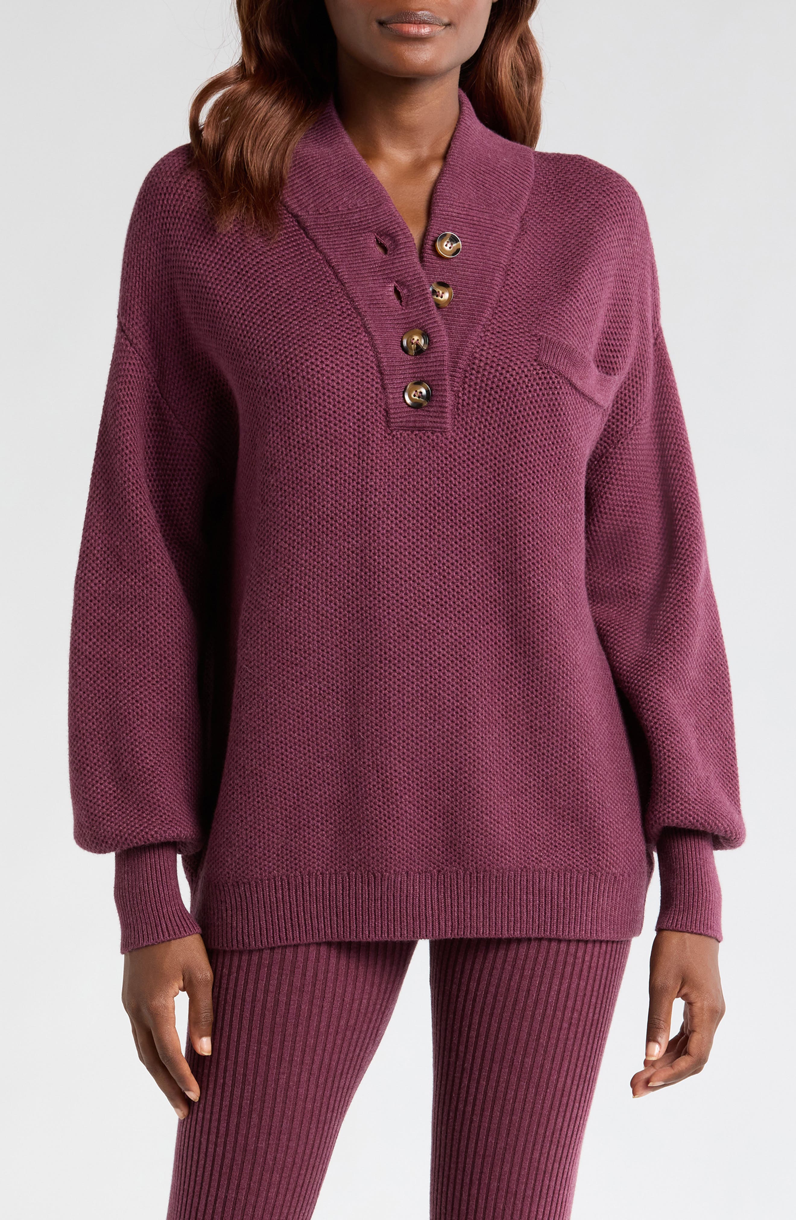 Lunya Cozy Organic Cotton Blend Pocket Henley in Brandied Plum 