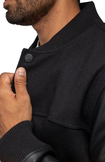 Mixed Media Faux Leather Bomber Jacket