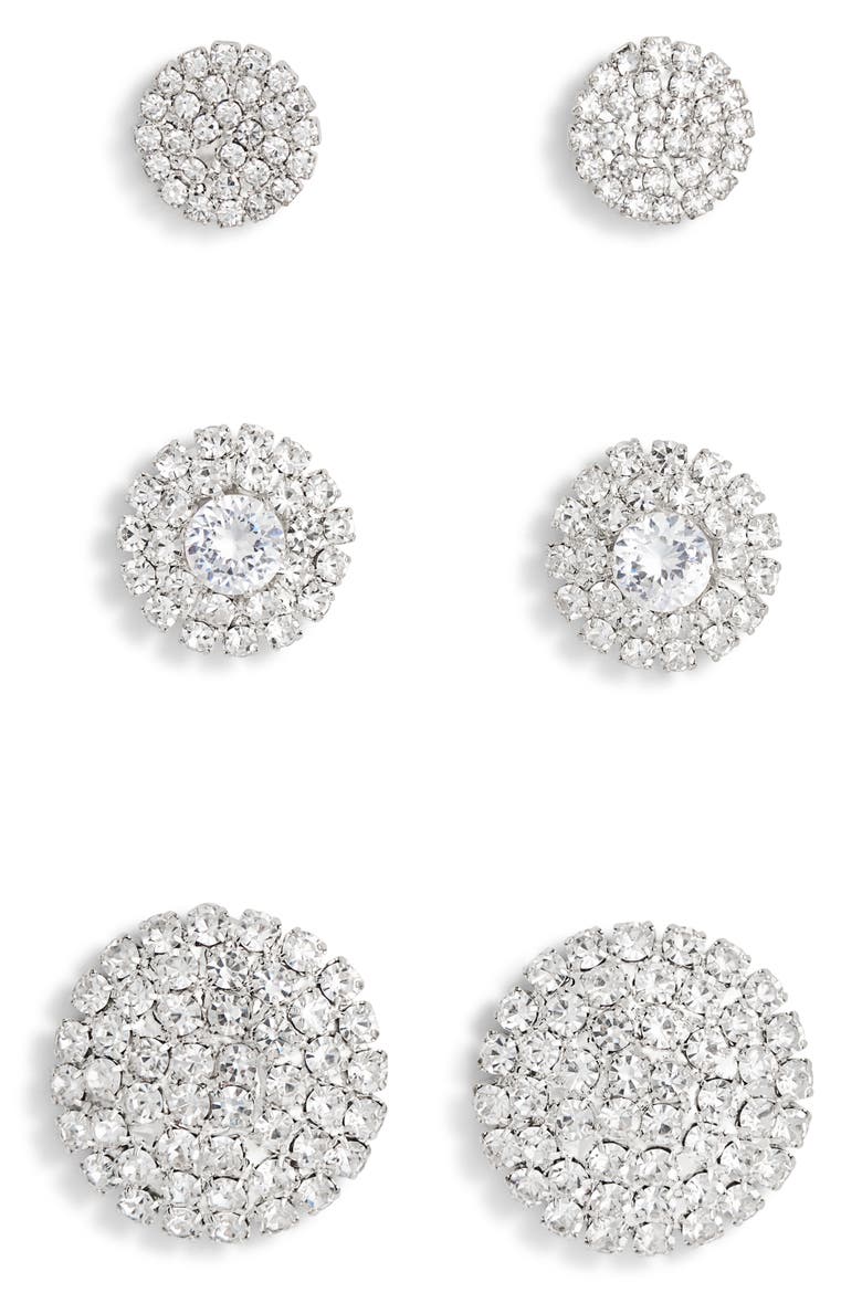 Set of 3 Pavé Crystal Button Stud Earrings, Main, color, SILVER/CRYSTAL