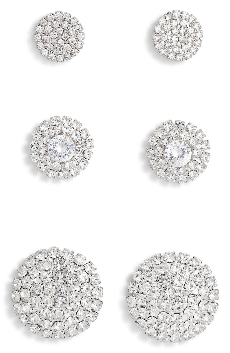 Tasha Set of 3 Pavé Crystal Button Stud Earrings, Main, color, Silver/Crystal