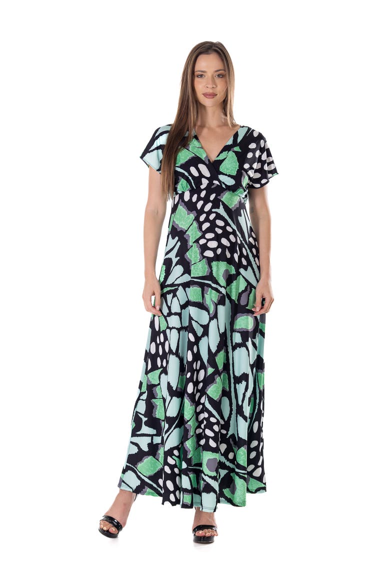 Oversized Butterfly Print V-Neck Empire Waist Cap Sleeve Maxi Dress, Main, color, Green Multi