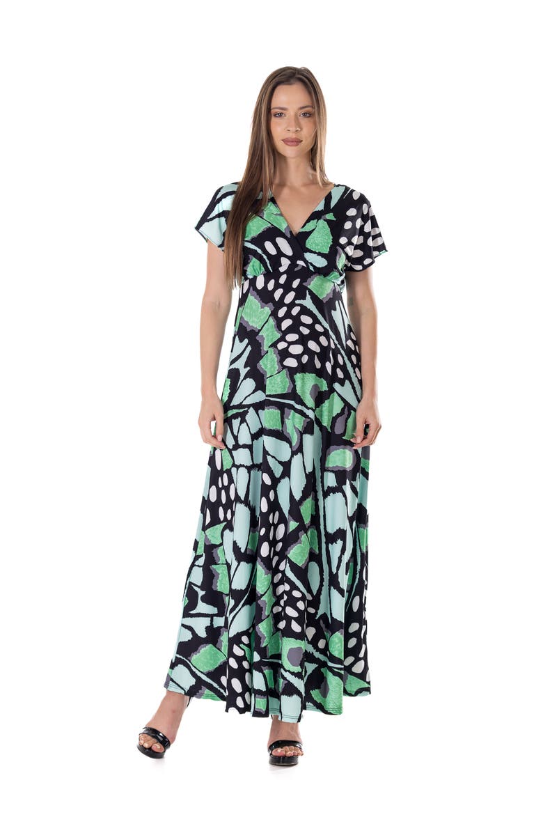 24seven Comfort Apparel Oversized Butterfly Print V-Neck Empire Waist Cap Sleeve Maxi Dress, Main, color, Green Multi