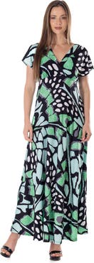 24seven Comfort Apparel Oversized Butterfly Print V-Neck Empire Waist Cap Sleeve Maxi Dress