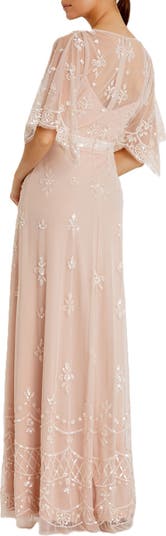 V Neck Flutter Sleeve Embellished Mesh Gown