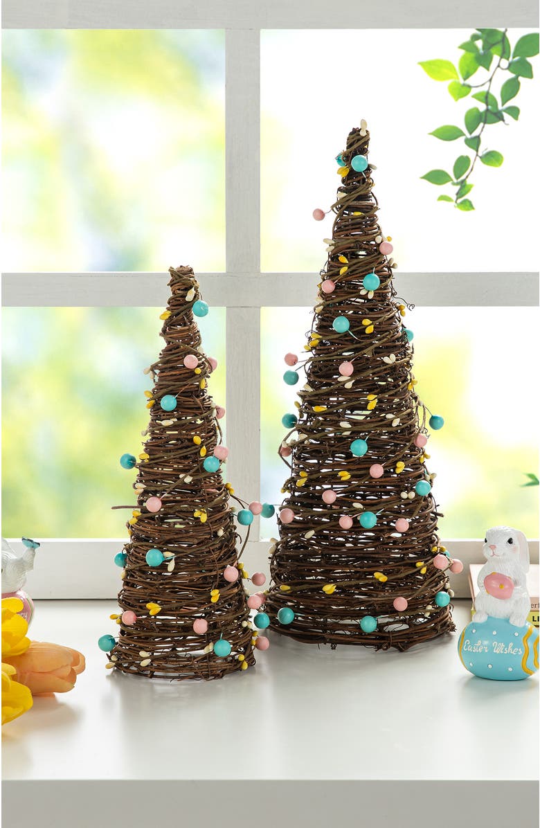 Glitzhome Set of 2 Easter Rattan and Berries Table Tree, Alternate, color, Brown