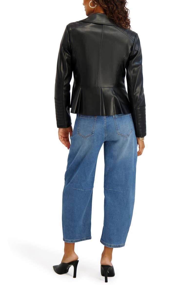 Peplum Back Faux Lether Moto Jacket, Alternate, color, BLACK