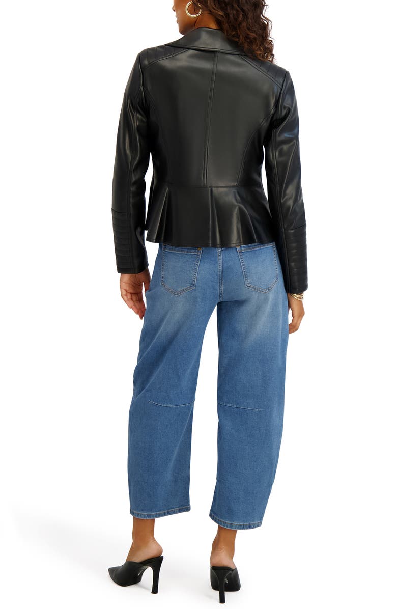 Kensie Peplum Back Faux Lether Moto Jacket, Alternate, color, Black