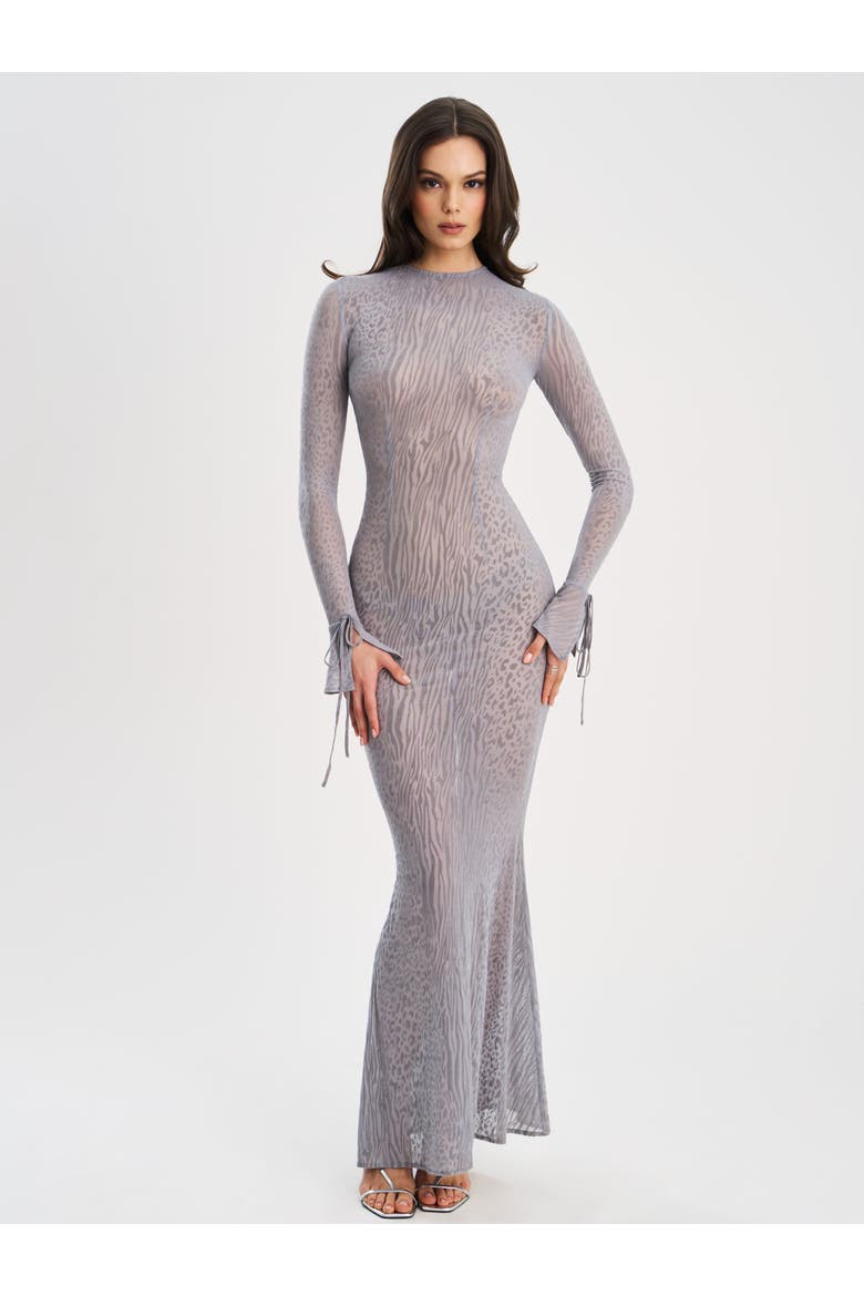 Waylynn Gray Animal Print Burnout Velvet Detail Mesh Backless Maxi Dress, Alternate, color, Grey