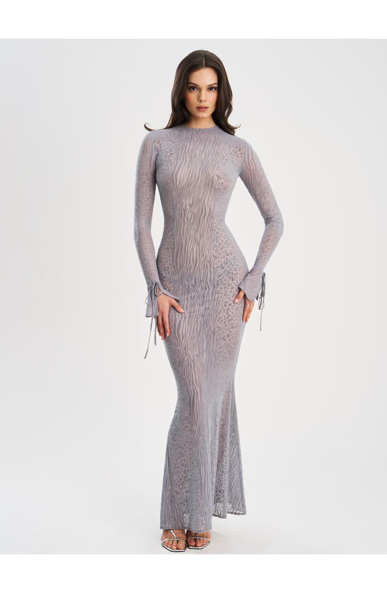 Miss Circle Waylynn Gray Animal Print Burnout Velvet Detail Mesh Backless Maxi Dress, Alternate, color, Grey