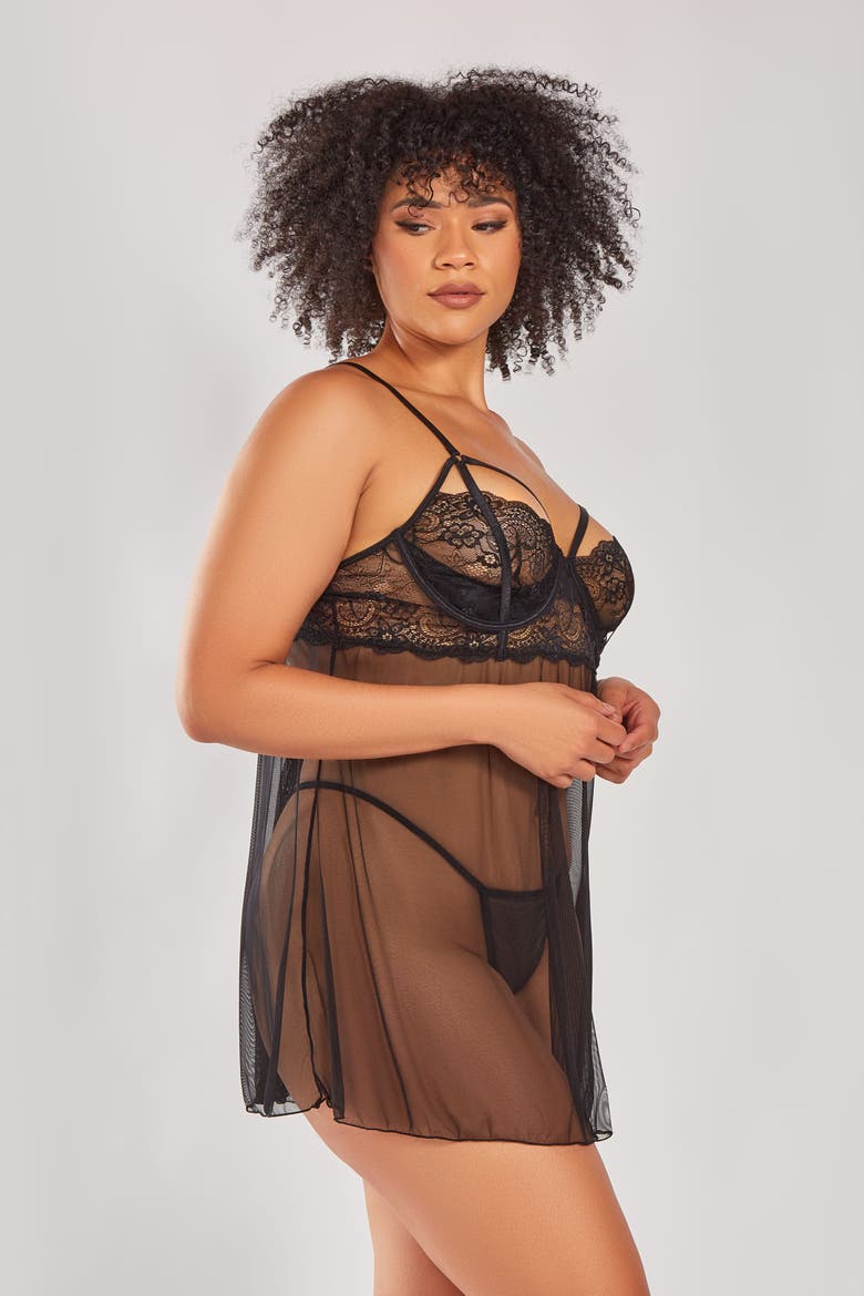 Demure Strappy Lace Babydoll Set, Alternate, color, Black