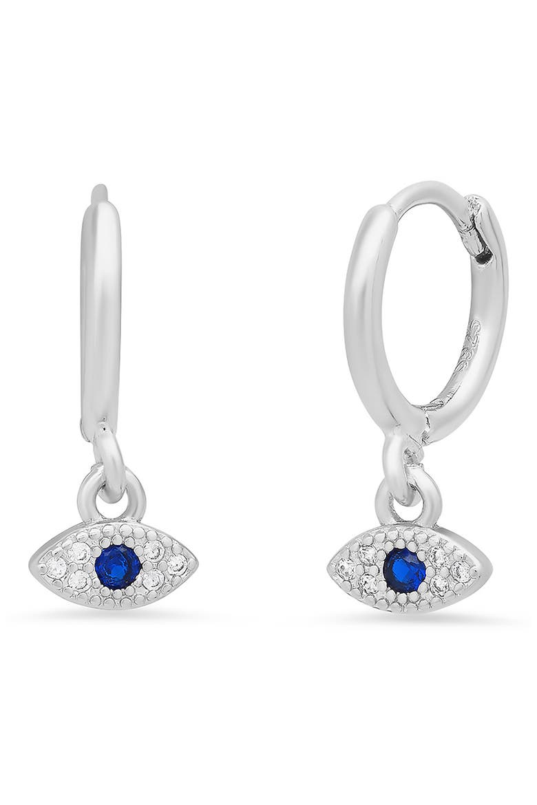 18K White Gold Plated Evil Eye Drop Huggie Hoop Earrings, Main, color, METALLIC