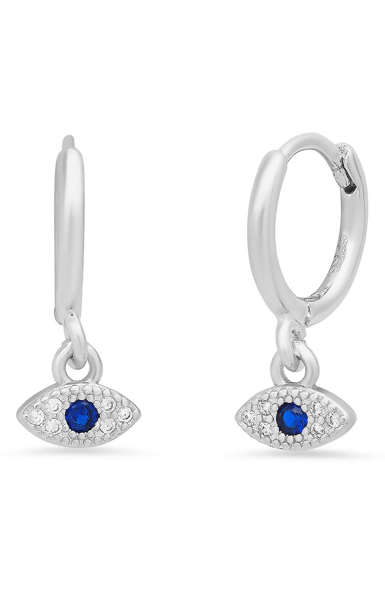 HMY JEWELRY 18K White Gold Plated Evil Eye Drop Huggie Hoop Earrings, Main, color, 