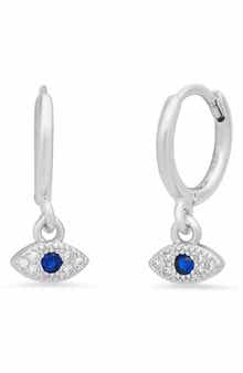 18K White Gold Plated Evil Eye Drop Huggie Hoop Earrings