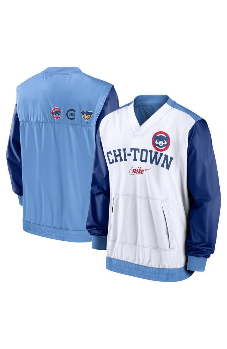Nike Men's Nike White/Light Blue Chicago Cubs Rewind Warmup V-Neck Pullover Jacket, Main, color, White