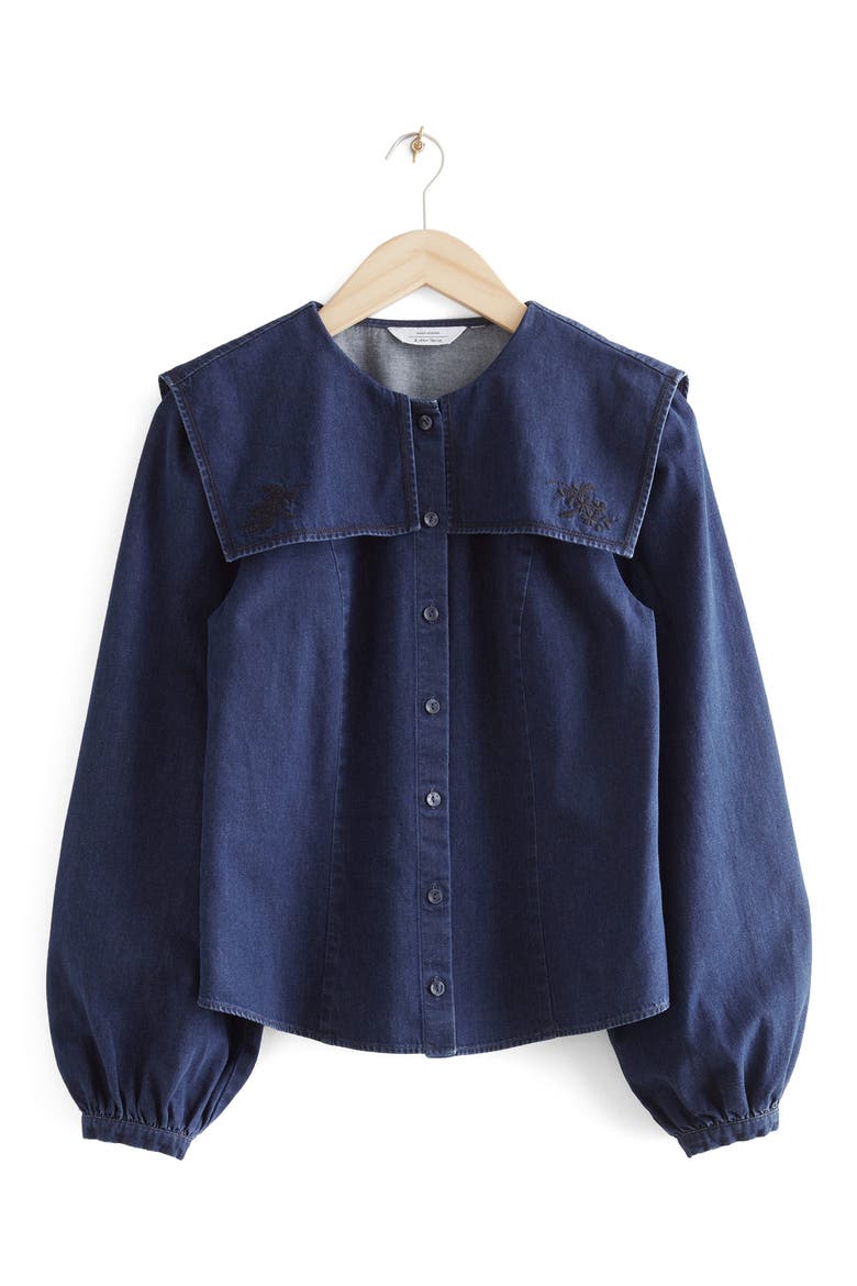 Embroidered Collar Denim Blouse, Alternate, color, BLUE