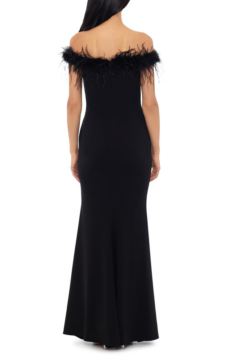 Xscape Evenings Feather Trim Off the Shoulder Scuba Gown, Alternate, color, 