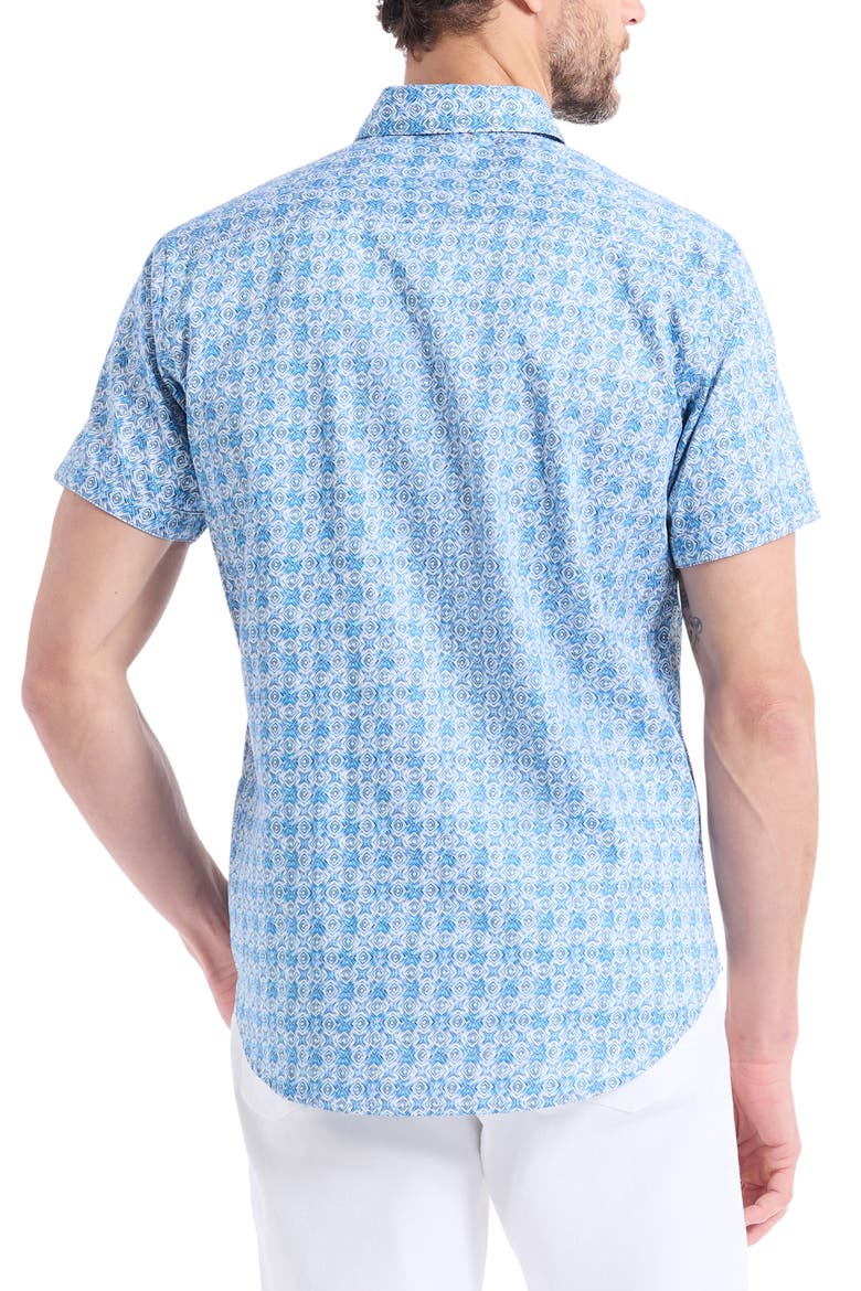 Geometric Print Short Sleeve Button-Up Shirt, Alternate, color, BLUE