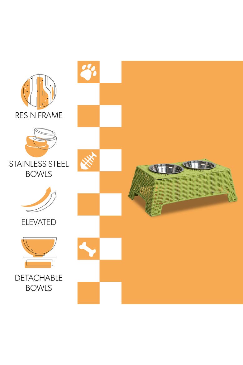 Serenity 6.9" Small/Medium Elevated Wicker Pet Feeder with 18oz (2.2 Cups) 2-Stainless Steel Bowls, Alternate, color, Light Green