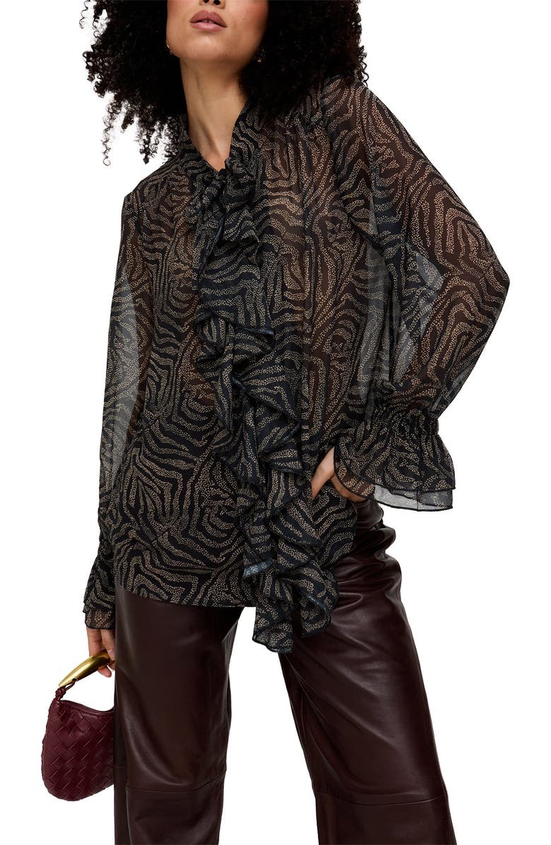 Lily and Lionel London Zendaya Ruffle Detail Zebra Print Shirt, Main, color, Black