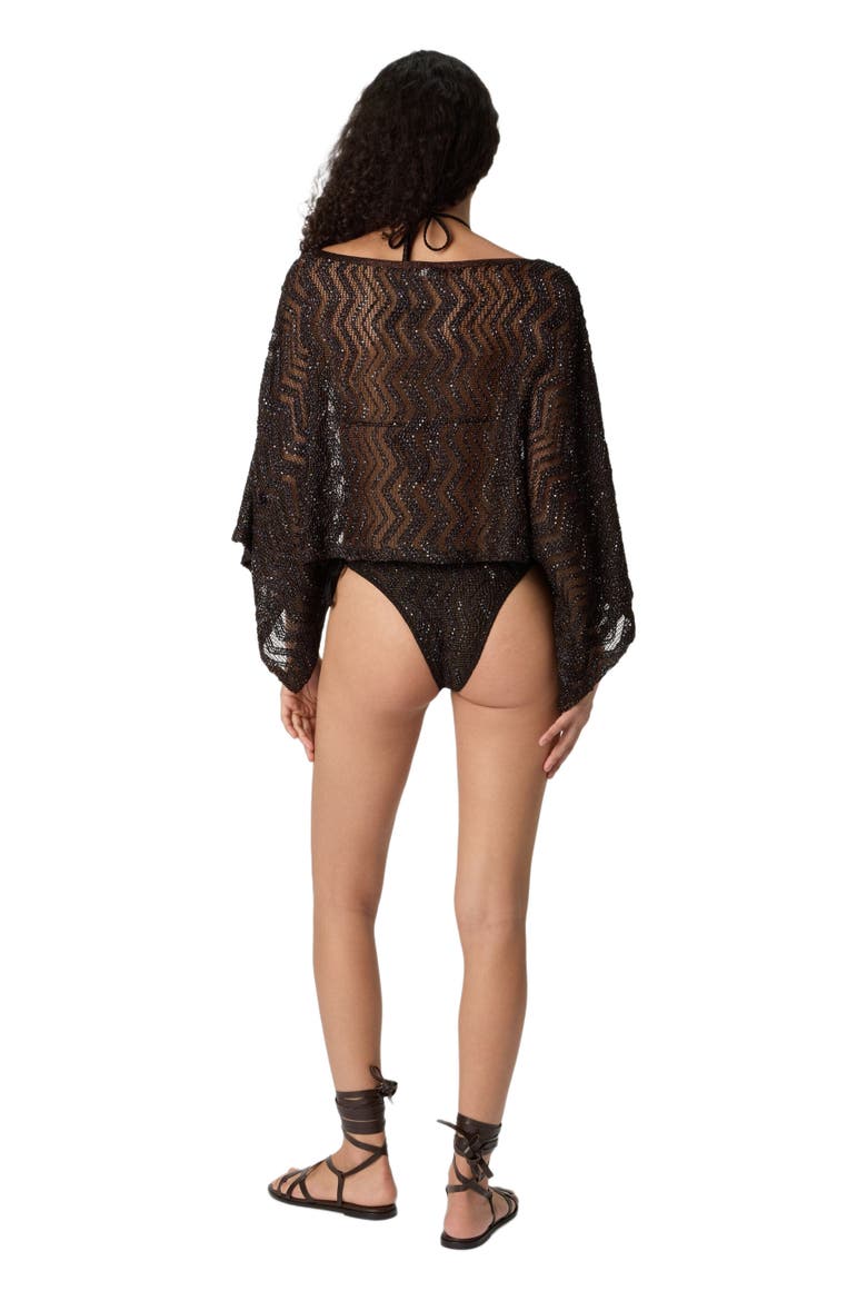 Zigzag Mesh Top With Sequins And Wide Sleeves, Alternate, color, Brown