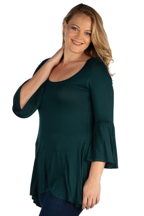 24seven Comfort Apparel Plus Size Long Bell Sleeve Flared Tunic Top In Brown