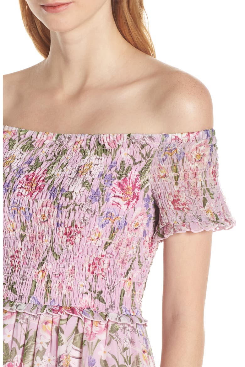 Smocked Off the Shoulder Dress, Alternate, color, PETAL PINK MULTI