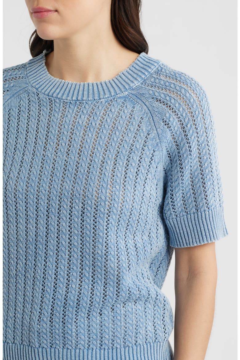 Washed Openwork Knit Rib Short Sleeve Sweater, Alternate, color, OCEAN