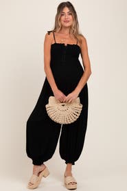 PinkBlush Smocked Button Front Shoulder Tie Jumpsuit