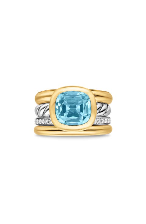 DY Mercer® Four Row Stone Ring in Sterling Silver with 18K Yellow Gold, Sky Blue Topaz & Diamonds, 14mm