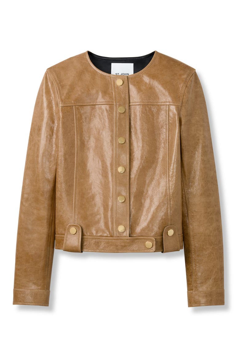 Snap Detail Leather Jacket, Alternate, color, CAMEL