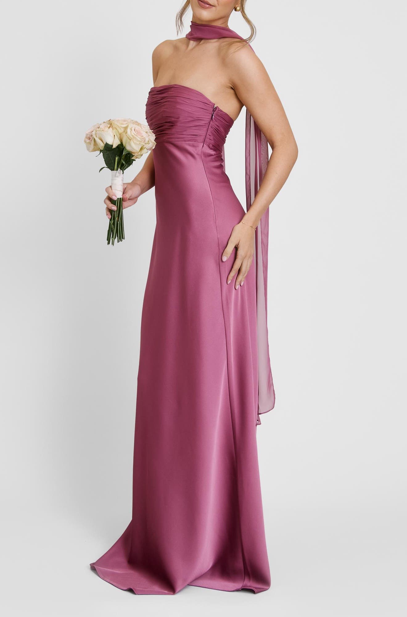 bandeau maxi dress casual Six Stories Chiffon Bandeau Satin Maxi Dress in Plum at Nordstrom, Size 14