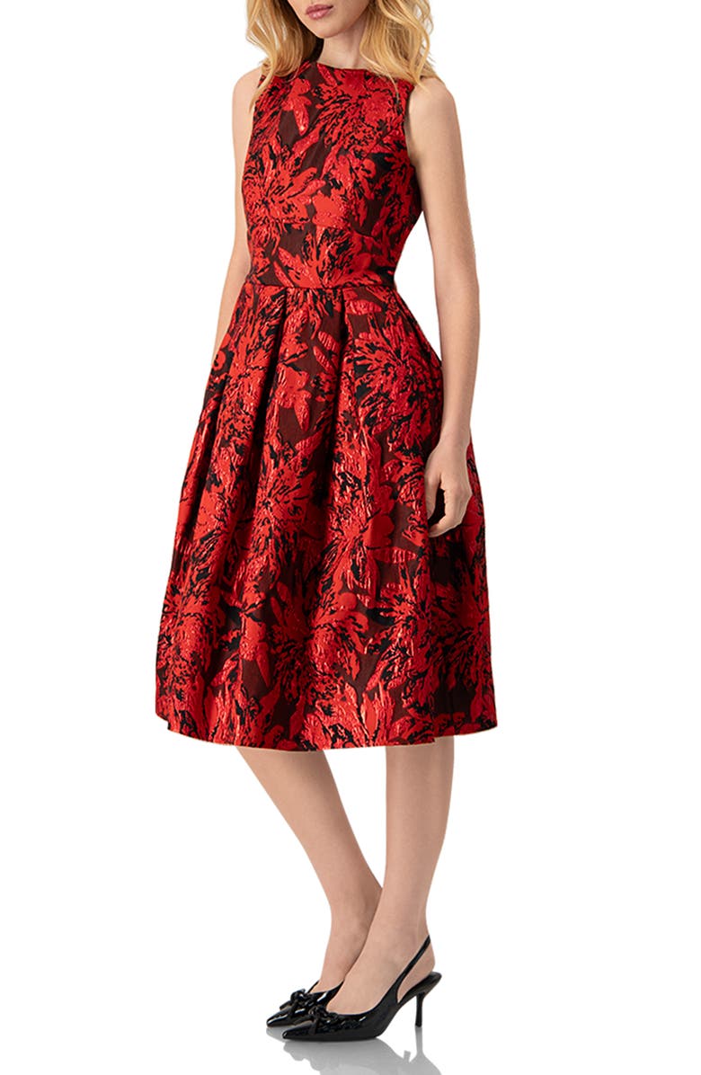 IVONNE Sleeveless Red and Black Jacquard Midi Dress, Alternate, color, Red