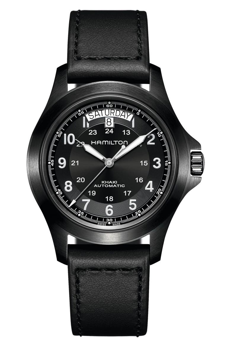 Khaki King Automatic Leather Strap Watch, 40mm, Main, color, NO COLOR