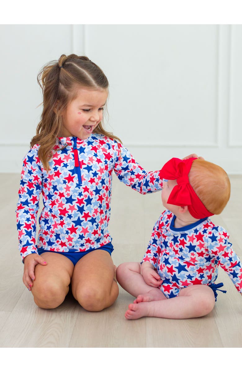 RuffleButts Toddler Girls UPF50+ Long Sleeve Zipper Rash Guard 2-Piece, Alternate, color, Shimmer Star-Spangled