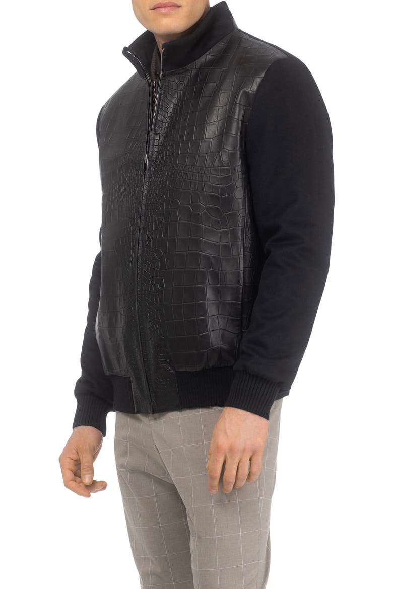 Men's Jacket Crafted From Wool With Croco-Embossed Leather Front, Main, color, BLACK/BLACK