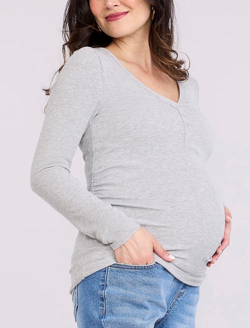 Motherhood Maternity V-neck Side-ruched Long Sleeve Henley Tee In Gray