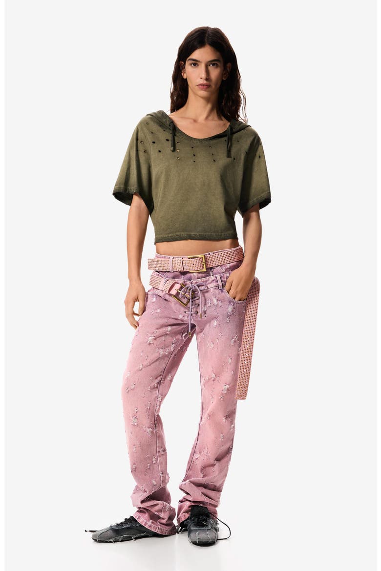 Double Waist Distress Straight Leg Jeans, Alternate, color, PINK