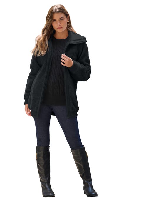Plus Size High Collar Teddy Fleece Bomber (Plus)