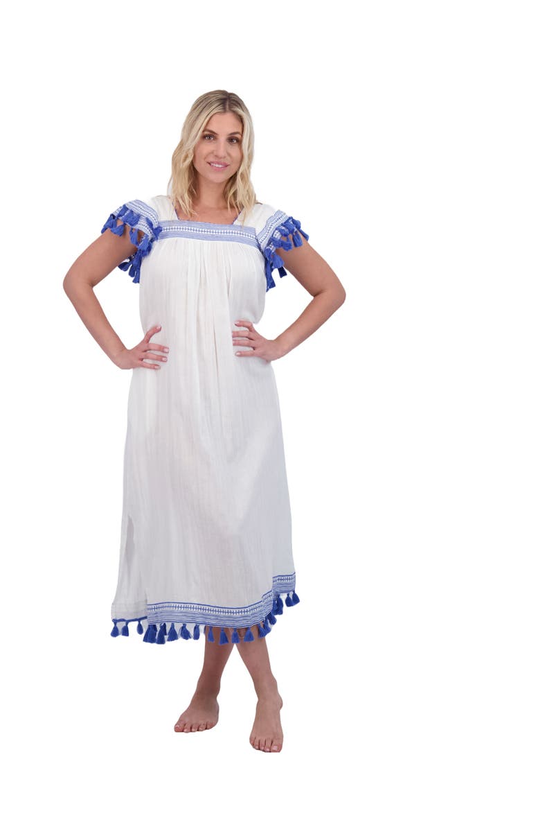 Mer St. Barth Maxi Sandrine Women's Dress White Lapis Blue Embroidery, Main, color, Blue