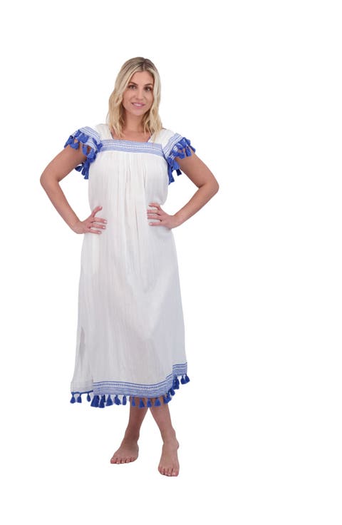 Maxi Sandrine Women's Dress White Lapis Blue Embroidery