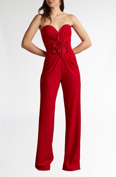 Embroidered Flower Detail Strapless Jumpsuit