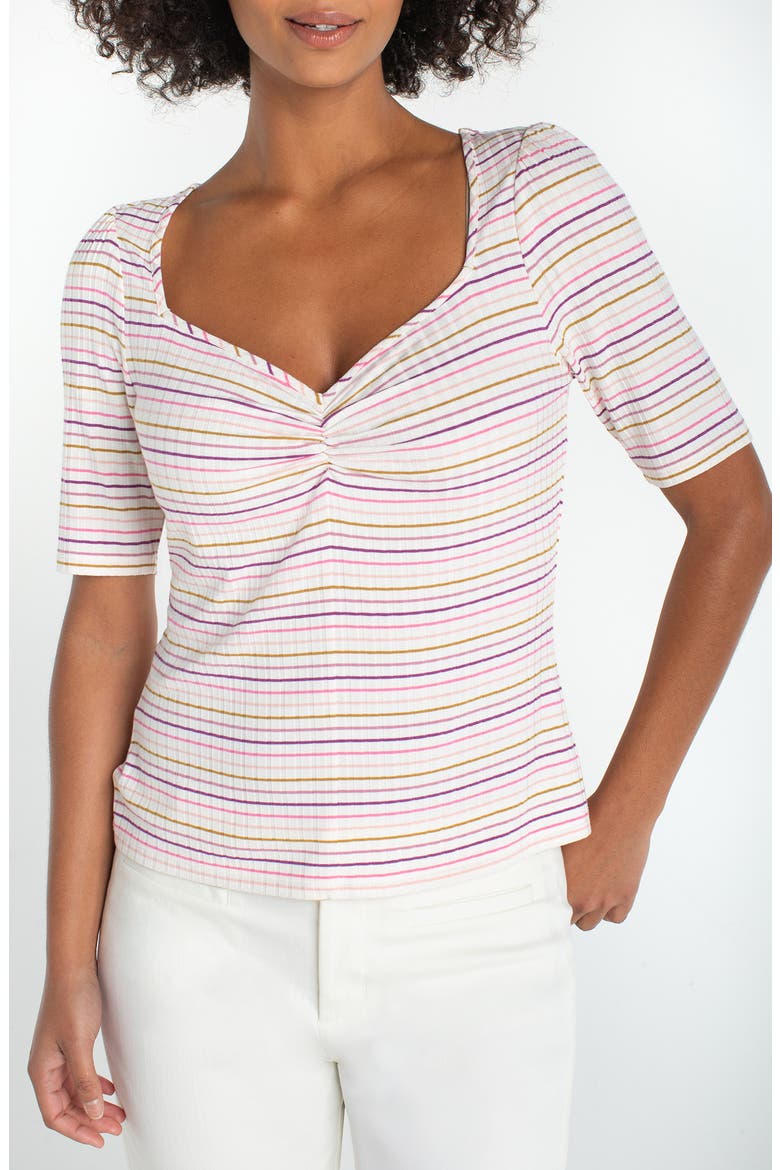 Stripe Gathered Top, Main, color, CREAM/ PINK STRIPES