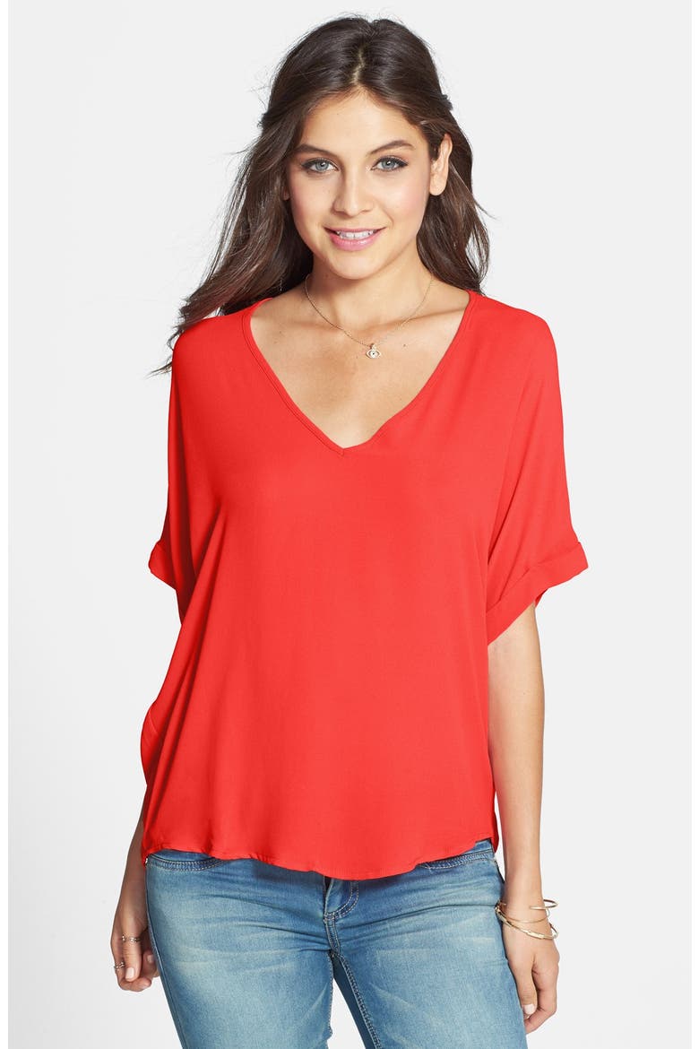 Cuff Sleeve Woven Tee, Main, color, RED