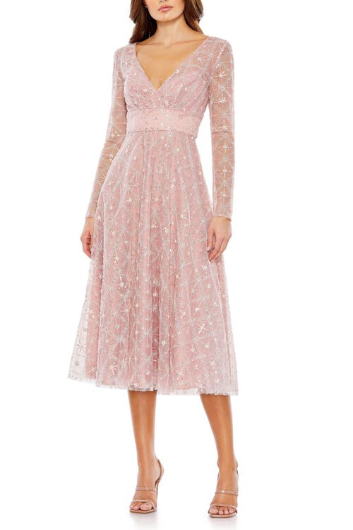 Mac Duggal Embellished Illusion Long Sleeve Dress In Rose