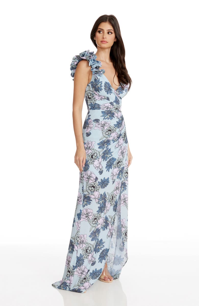 Dress the Population Camelia Floral Gown, Alternate, color, Powder Blue Multi