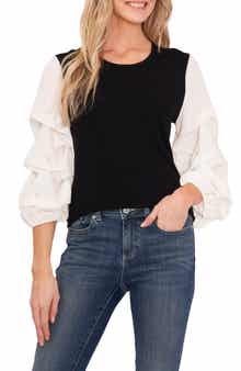 CeCe Colorblock Tucked Sleeve Cotton Sweater