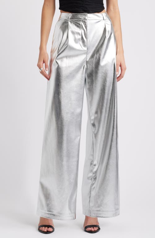 Open Edit Metallic Faux Leather Pants In Silver Metallic