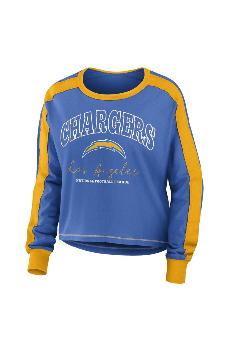 WEAR by Erin Andrews Women's WEAR by Erin Andrews Powder Blue/Gold Los Angeles Chargers Color Block Modest Crop Long Sleeve T-Shirt, Alternate, color, Powder Blue