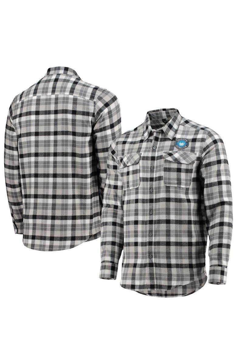 ANTIGUA Men's Antigua Black/Gray Charlotte FC Ease Flannel Long Sleeve Button-Up Shirt, Main, color, 